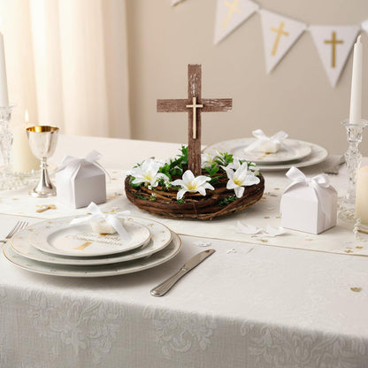 Kathfly First Holy Communion Cross Table Decor with Flower Wreath Standing Wooden Cross First Communion Religious Tabletop Signs Christian Baptism Centerpieces for Easter Rustic Farmhouse Decor Gift