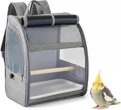 Large Parrot Backpack for Cockatiel, Pigeons, Breathable Bird Backpack Carrier, Gray Pet Travel Cage with Mesh Window, Portable Bird Cage with Removable Perch & Tray, 12.2 X 9.6 X 15 in