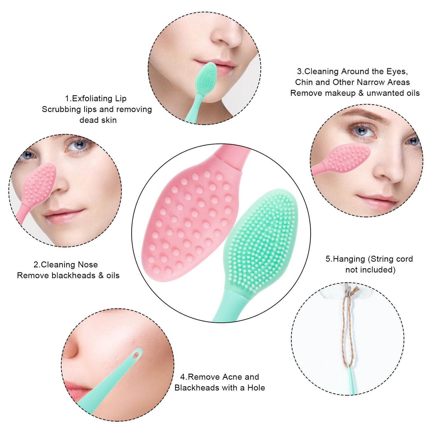 2 Pack Silicone Face Scrubber Exfoliating Brush, Manual Handheld Facial Cleansing Brush Blackhead Scrubber, Soft Bristles Waterproof for Face Skincare (Round-Pink)