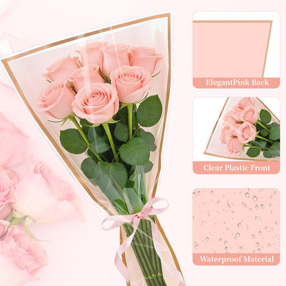50 Sheets 18" x 11" Pink Flower Bouquet Wrapping Bags Plastic Paper Sleeves, Total 154Pcs RibbonsX3 Pruning ShearsX1 Card HolderX50 CardsX50 Floral Bouquets Bag for Flowers Bar Graduation Wedding