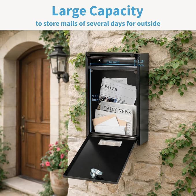 RAINHOL Wall Mount Mailboxes for Outside with Key Lock, Galvanized Steel Locking Mailbox, Waterproof Secure Mail Drop Box, Medium Capacity, 12.6 x 8.5 x 3.3 Inches, Black