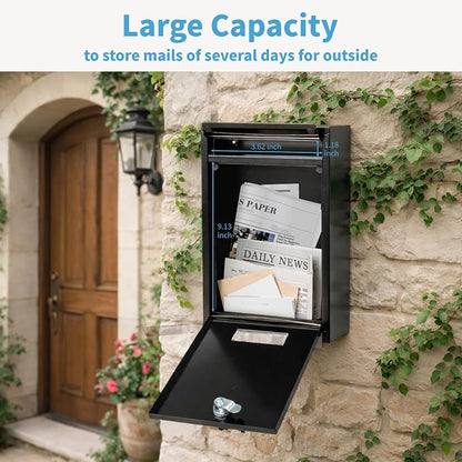 RAINHOL Wall Mount Mailboxes for Outside with Key Lock, Galvanized Steel Locking Mailbox, Waterproof Secure Mail Drop Box, Medium Capacity, 12.6 x 8.5 x 3.3 Inches, Black
