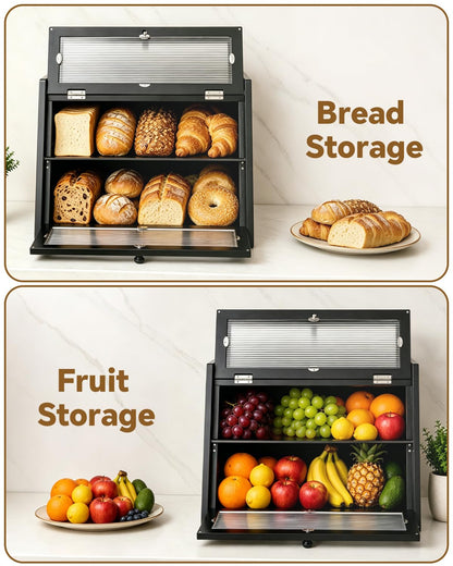 Kerisgo Bread Box for Kitchen Countertop - Double Layer Wooden Bread Storage Container for Homemade Bread,Counter Organizers and Storage for Fruits,Spices,Bread - Black