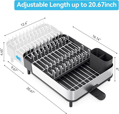 Urackify Dish Drying Rack - Dish Drainer for Kitchen Counter, Stainless Steel Dish Rack with Swivel Draining Spout & Drain Board, Expandable Space-Saving Kitchen Dish Organizer for 3-4 People, Black