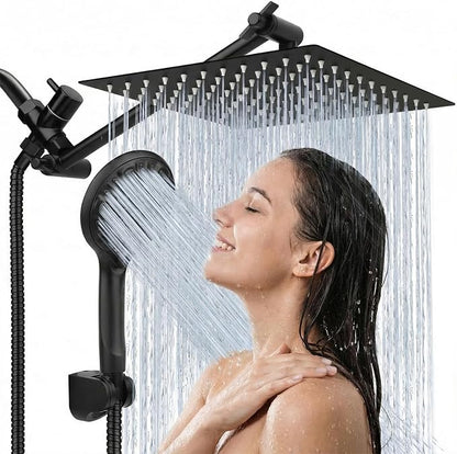 Shower Head 10‘’ High Pressure Rainfall Shower Head/Handheld Shower Combo with 11'' Extension Arm, 9 Settings Anti-leak Head with Holder, Height/Angle Adjustable, Chrome, Matte Black