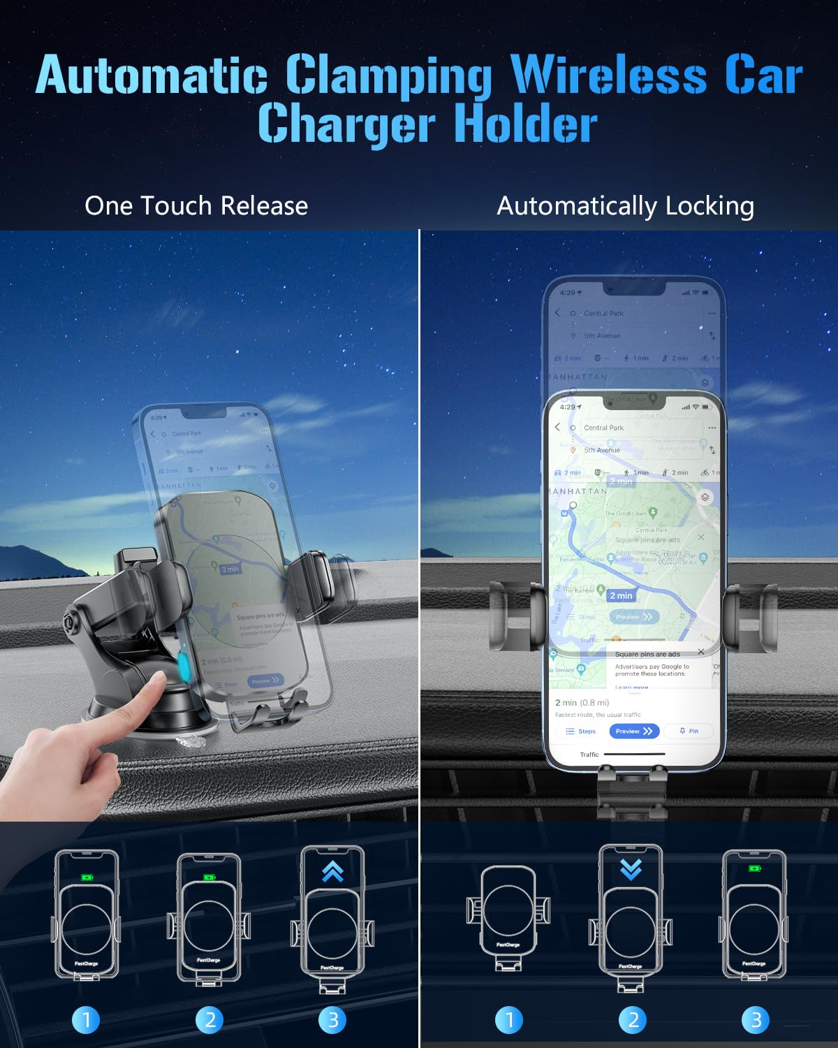 Wireless Car Charger, Fast Charging Phone Holder 3 in 1 Phone Mount Auto Clamping Car Accessories Compatible with iPhone 16 15 14 13 12 11 Xs XR, Samsung S23 Ultra S22 S21 S20/S10+ S9(Midnight Black)