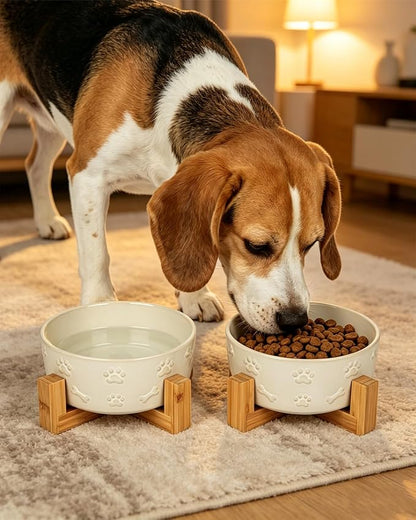 Ceramic Dog Bowls with Stand, 6.5 inch Dog Food Water Bowl Set for Medium Small Dogs Pet Dishes Set of 2, White with Cute Pattern