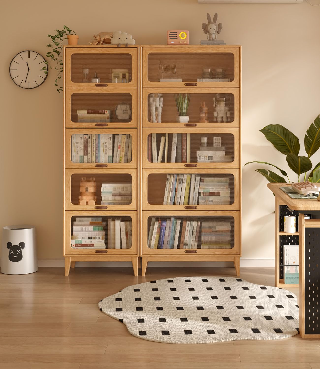 5 Tier Solid Wood Bookcase with Tempered Glass Doors Elegant Wooden Book Shelf with Doors 72H/32w/14 inch Log Khaki, Luxury Antique Bookcase Artwork Book Shelves/case for Home Office