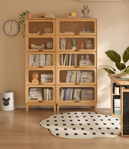 5 Tier Solid Wood Bookcase with Tempered Glass Doors Elegant Wooden Book Shelf with Doors 72H/32w/14 inch Log Khaki, Luxury Antique Bookcase Artwork Book Shelves/case for Home Office