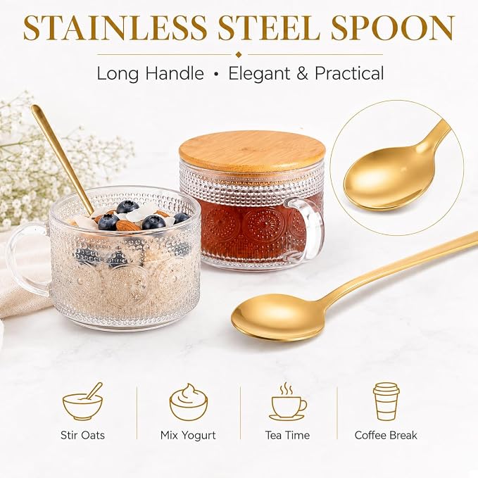 Semderm Vintage Glass Coffee Mugs Set of 4, Overnight Oats Containers with Bamboo Lids and Spoons - 14oz Clear Tea Cups for Cappuccino Latte Americano Cereal Yogurt Beverage