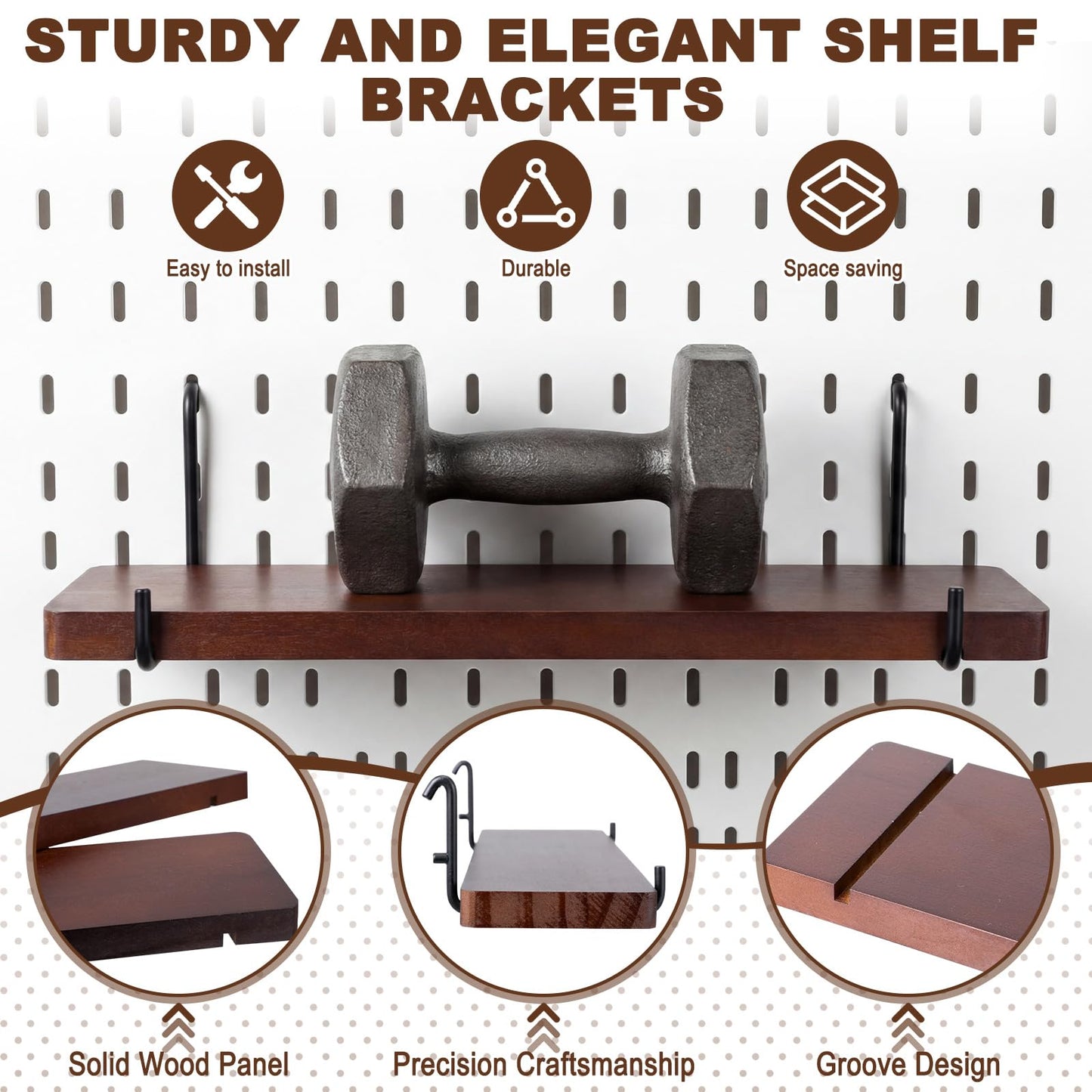Novabright 8 Pcs Walnut Color Pegboard Shelves Set with Metal Brackets Hooks 11.8 x 4'' Wall Wooden Pegboard Shelving Heavy Duty Accessories for Crafts Office Garage, Compatible with IKEA Skadis