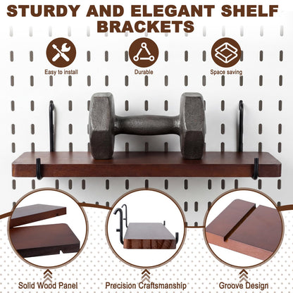 Novabright 8 Pcs Walnut Color Pegboard Shelves Set with Metal Brackets Hooks 11.8 x 4'' Wall Wooden Pegboard Shelving Heavy Duty Accessories for Crafts Office Garage, Compatible with IKEA Skadis