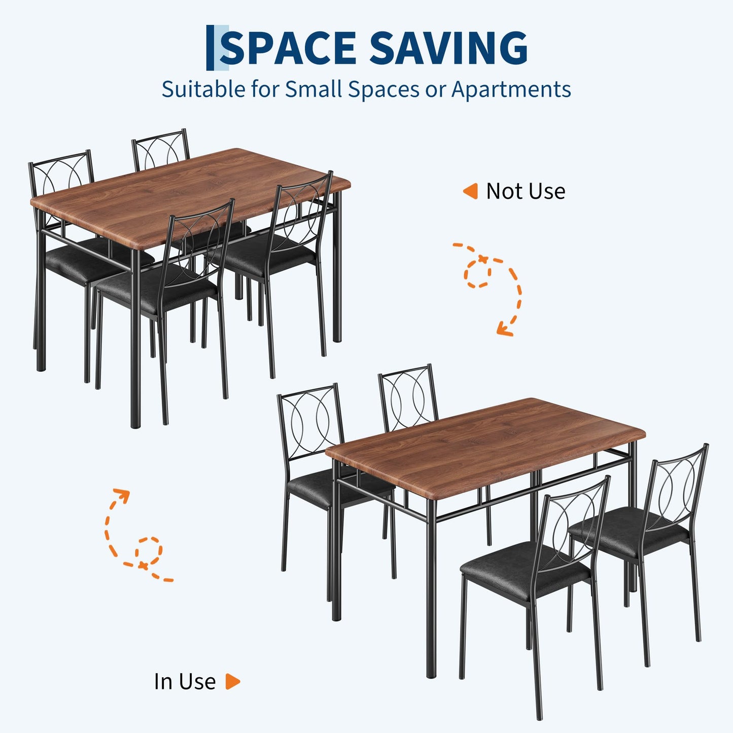 IDEALHOUSE Space-Saving 5-Piece Dining Table Set for 4 – Farmhouse Wooden Table with Upholstered Chairs – Compact Dining Furniture for Small Spaces, Easy to Clean – Walnut Color