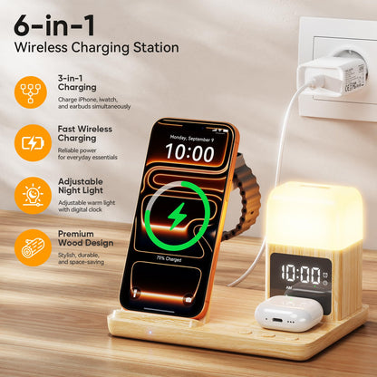6 in 1 Wireless Charging Station with Clock & Night Light，Alarm Clocks for Bedrooms,Wireless Charger Stand with Beside Clock for iPhone 17/16/15/14/13/12 Pro Max, Apple Watch,Airpods (Wood)