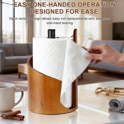 Paper Towel Holder - 100% Natural Wood, Wooden Wood Stand with Iron Base, Wooden Paper Towel Holder for Kitchen, Desktop, Cabinet (Brown)