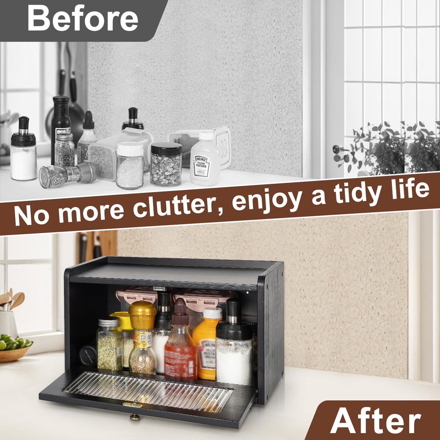 Sunhoo Bread Box for Kitchen Countertop Storage Wooden Breadbox Holder Container Morden Rustic Fresh Bread Keeper Farmhouse Stackable Organizer Bin for Homemade Food Shelf Acrylic Window (Brown)