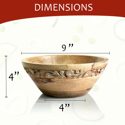 Mela Artisans 9 in Wide x 4 in Tall Jasmine Mango Wood Bowl – Hand-Carved Decorative Serving and Fruit Bowl with Whitewash Finish for Kitchen Counter, Salad, Bread and Home Decor