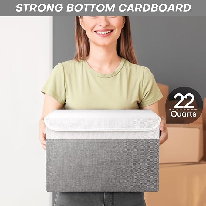 Bagnizer Large 22 Quart Linen Fabric Foldable Storage Bin Cube Organizer Basket with Flip-Top Lid & Handles, Clothes Blanket Box for Home, Office, Closet, Gray & White, 4 Pack 14.6 x 9.5 x 9.5”