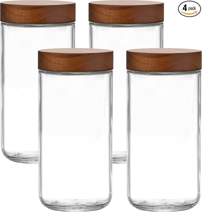 Danmu 24 oz Glass Jars with Lids 4 Pack,Acacia Wood Lid | Airtight Canister for Coffee Bean Storage,Pantry,Home Organization,Leakproof,Dishwasher Safe(remove lids),Fridge Safe