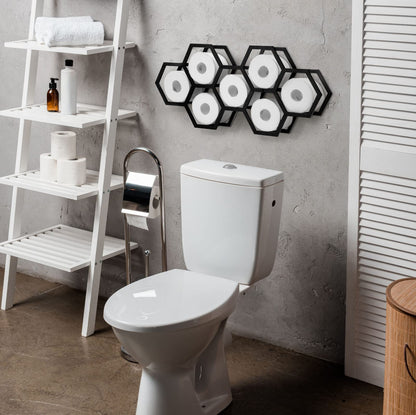 Beeveer Hold 7 Rolls Modern Floating Honeycomb Toilet Paper Holder Stand Modern Wooden Toilet Paper Storage Shelves for Tissue Honeycomb(Black)