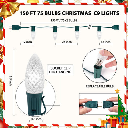 Minetom C9 LED Christmas Lights, 150 FT, 75 LEDs, Connectable, UL Certified, Pure White