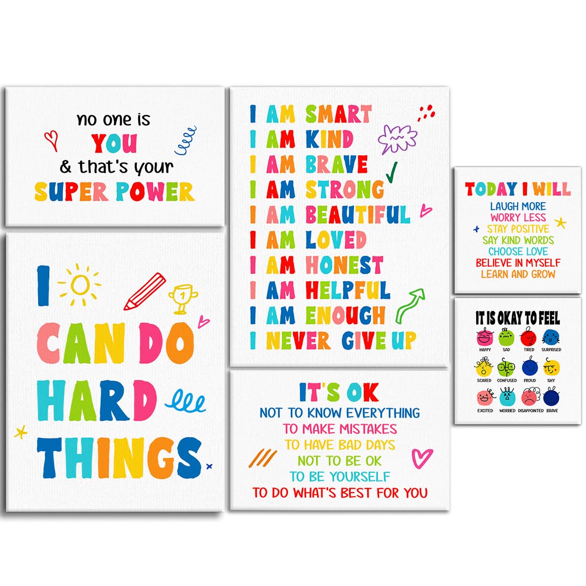 Kids Affirmation Wall Decor,Positive Daily Affirmations Wall Art Canvas Frame Poster Print for Kids Bedroom Nursery Classroom Playroom Psychological Counseling Office Wall Decor,Set of 6