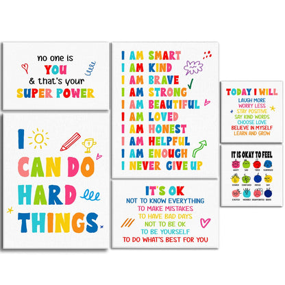 Kids Affirmation Wall Decor,Positive Daily Affirmations Wall Art Canvas Frame Poster Print for Kids Bedroom Nursery Classroom Playroom Psychological Counseling Office Wall Decor,Set of 6