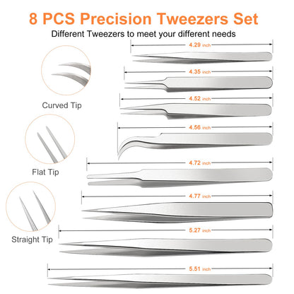 Precision Tweezers Set, 8PCS Stainless Steel Tweezers, soldering tweezers,for Craft, beauty care、Electronics, Soldering, Experimental Work, Jewelry-Making