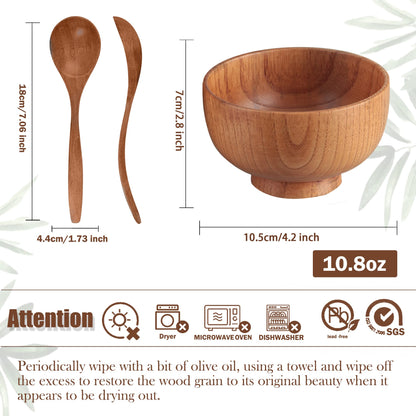 Originalidad Handmade Wood Bowls,Jujube Wooden Japanese Bowl with Matching Spoon for Rice, Soup,Dip,Salad,Tea,Decoration 4 Sets(4 Bowls 4.2 IN + 4 Spoons)
