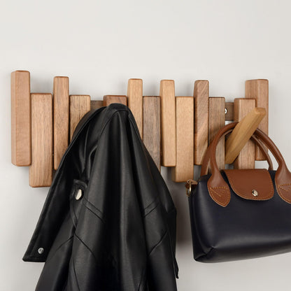 TEXAS BEST GIFT Solid Walnut Piano Key Coat Rack – 6-Hook Wall-Mounted Flip Hook Rack – Minimalist Wooden Hanger for Entryway, Bedroom, Office
