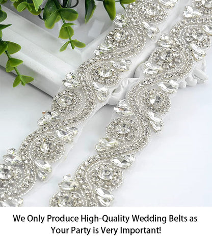 ShiDianYi Wedding Rhinestones Pearls Trim, 1 Yard Long Silver Rhinetones for Dress, Bridal Applique, Crystal Beaded Applique