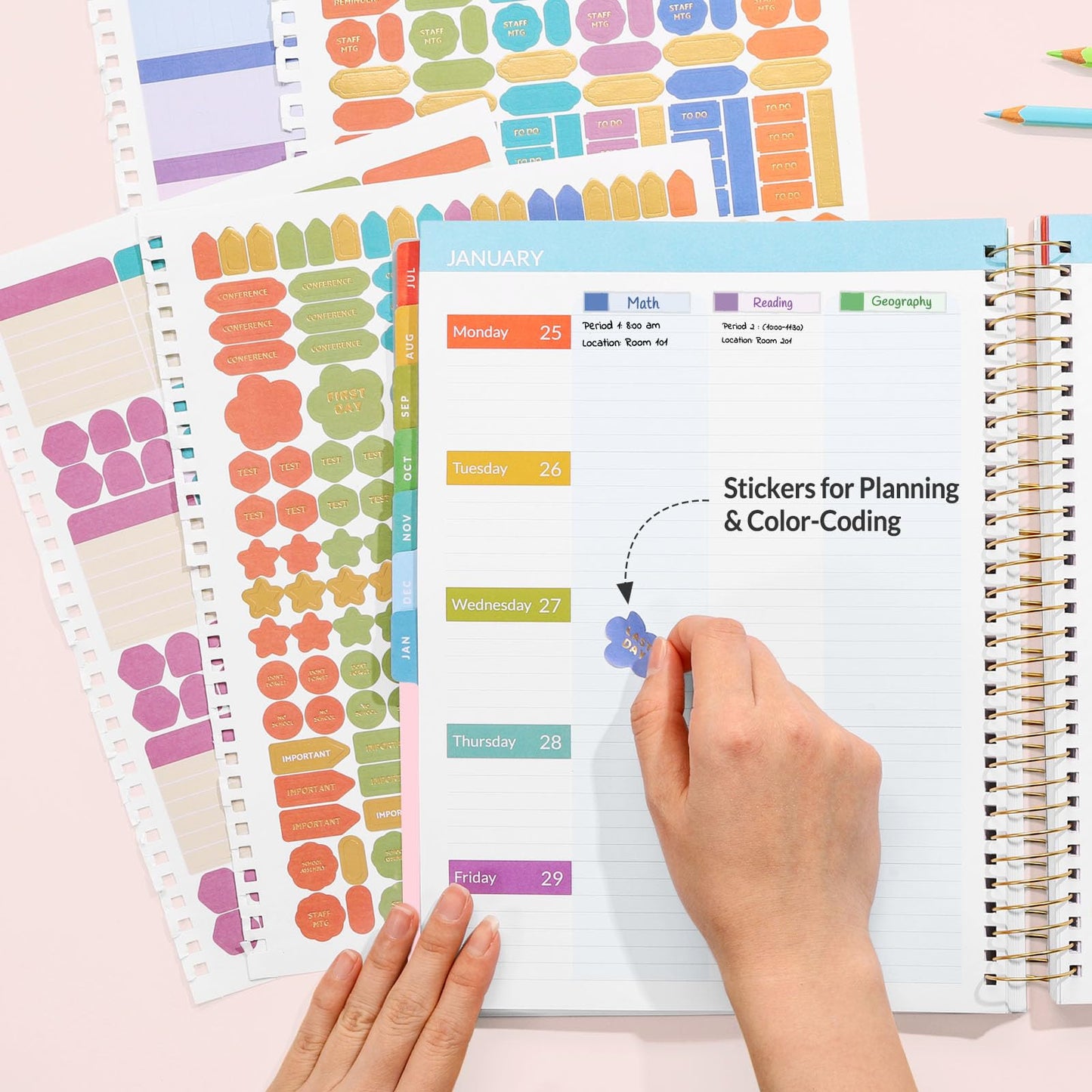 SUNEE Deluxe Teacher Planner 2026-2027, Lesson Planner Book with 7 Periods Jul 2026 - Jun 2027, 8.5" x 11" Weekly and Monthly Organizers with Colorful Tabs, Planning Stickers,120gms Paper, Pink Marble