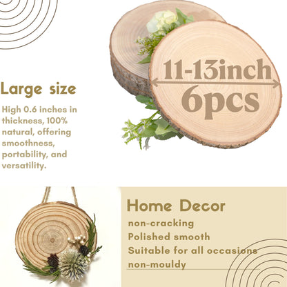 6 Pack 11-13 Inches Large Wood Slices for Centerpieces - Wood Centerpieces for Tables, Rustic Wedding Decor, Natural Wooden Rounds