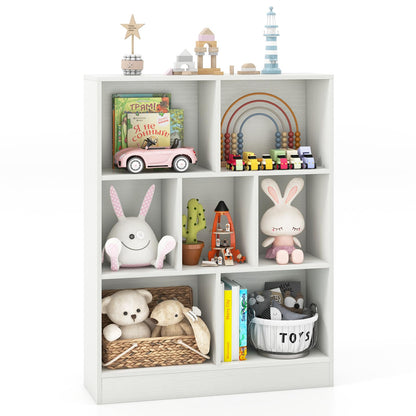 Costzon 7-Cube Bookshelf for Kids, Wooden Toy Storage Organizer w/ 2 Anti-Toppling Kits, 3 Tier Open Shelves & Non-Slip Foot Pads, Montessori Toy Shelf for Kids Rooms, Playroom, Classroom, Nursery