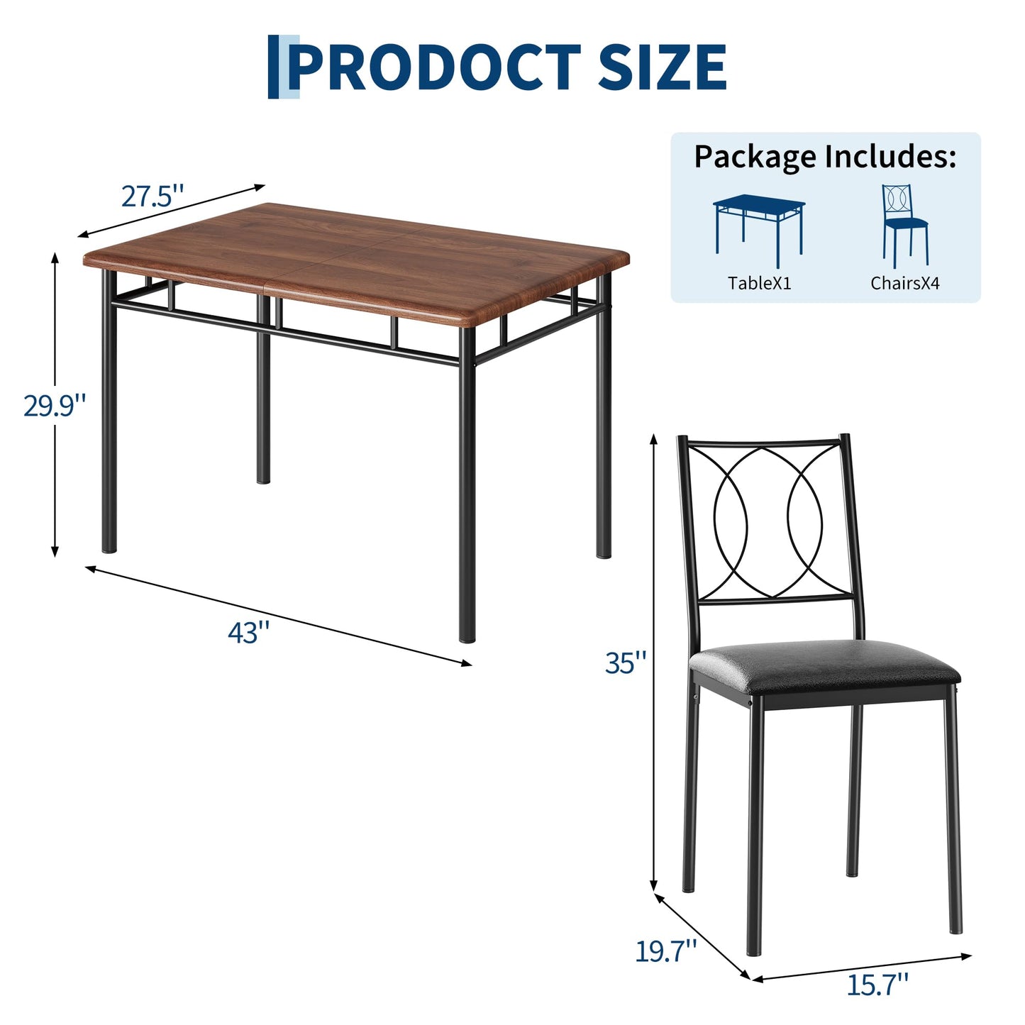 IDEALHOUSE Space-Saving 5-Piece Dining Table Set for 4 – Farmhouse Wooden Table with Upholstered Chairs – Compact Dining Furniture for Small Spaces, Easy to Clean – Walnut Color