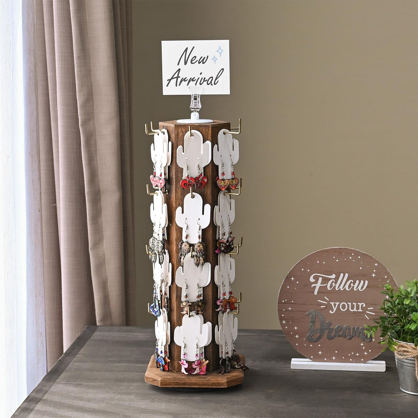 Ikee Design Free Assemble 24 Hooks Wood Hexagon 6 Sided Rotating Jewelry Display Stand Tower for Earrings,Bracelets, Keychain Earring Display Stand for Selling, Showcase, Brown Color