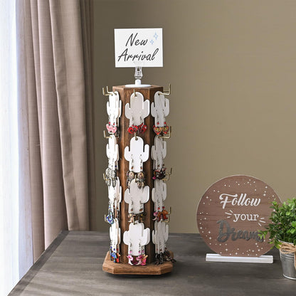 Ikee Design Free Assemble 24 Hooks Wood Hexagon 6 Sided Rotating Jewelry Display Stand Tower for Earrings,Bracelets, Keychain Earring Display Stand for Selling, Showcase, Brown Color