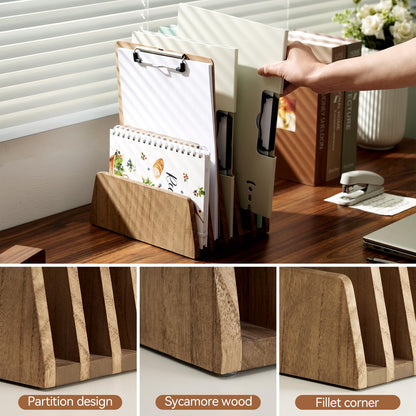 KIRIGEN Wooden Desk Mail Organizer, 5-Slot File Holder and Letter Sorter for Mail, Folders, Bills, Papers, Notebooks, Home Office, Classroom, Countertop, No Assembly, Brown 5KWJJ-DBR