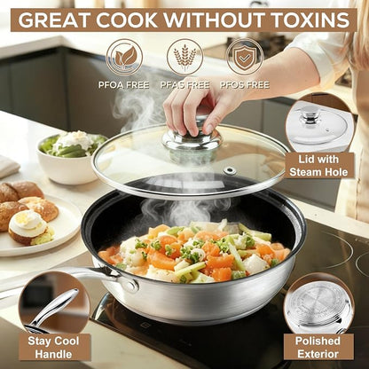 Stainless Steel Cookware Set Pots and Pans- 15 Pieces Nonstick Pot and Pan Set Includes 1 Frying Pans, 5 Pots, 6 Lids and 3 Utensils, with Stay Cooling Handle, Induction & Oven Safe