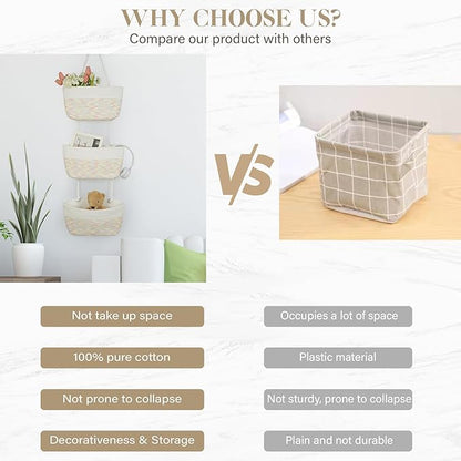 TeoKJ 3-Tier Woven Cotton Wall-Mounted Hanging Storage Baskets, Over the Door
