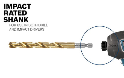 BOSCH TI5IM 5-Piece Assorted Set Titanium Nitride Coated Metal Drill Bits with Included Case Impact Tough with Impact-Rated Hex Shank Ideal for Heavy-Gauge Carbon Steels, Light Gauge Metal, Hardwood