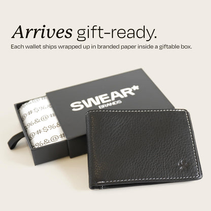 Swear Brands Full-Grain Leather Wallet | Slim RFID Blocking Bifold Design with Cash Pocket & Card Pull Strap | Holds 1-12 Cards | Stylish & Durable (Black)