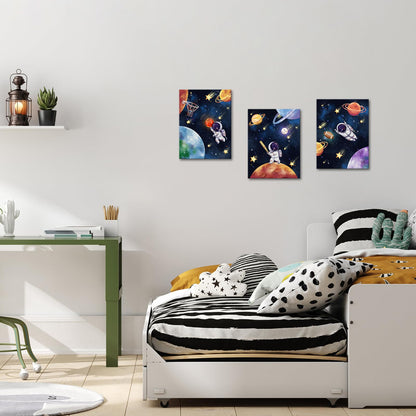 Biuteawal 3 Panels Space Wall Art Cute Astronaut Play Basketball Football Baseball Sports Picture Universe Theme Canvas Painting Funny Art Boys Girls Kids Bedroom Nursery Room Decor