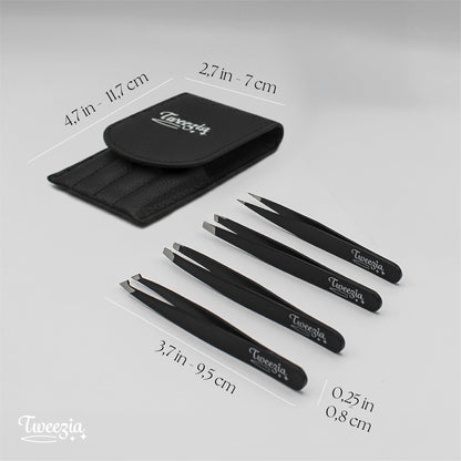 TWEEZIA Stainless Steel Tweezer Set - 4 Precision Tweezers with Mirror & Leather Case - Ideal Eyebrow Kit, Ingrown Hair Tweezers, Splinter Removal Kit or Pointed Tweezers for Beauty and Personal Care