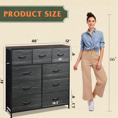 WLIVE 9-Drawer Dresser, Fabric Storage Tower for Bedroom, Entryway, Closet, Tall Chest Organizer Unit with Fabric Bins, Steel Frame, Wood Top, Easy Pull Handle, Charcoal Black Wood Grain Print
