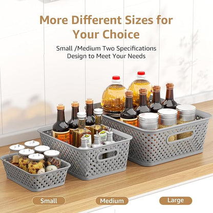 MaxGear 3 Pack Plastic Storage Baskets, Small, Grey | Durable Woven Plastic with Built-In Handles, Suitable for Shelves, Closets, Cabinets, Bathrooms and Offices