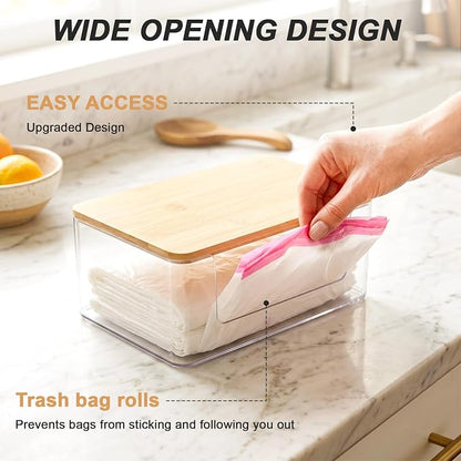 1 Pack Trash Bag Holder, Stackable Garbage Bag Dispenser with Lid | Clear Plastic Organizer with Bamboo Lid, Space-Saving Under Sink Storage for Kitchen, Laundry Room, Pantry & Cabinet