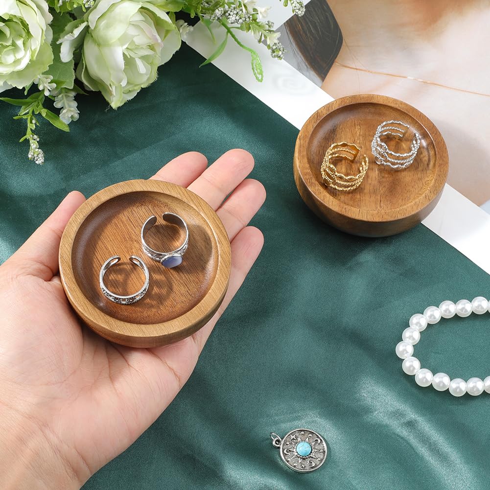 Beebeecraft 2Pcs Wood Ring Tray 2.78 inch Flat Round Jewelry Display