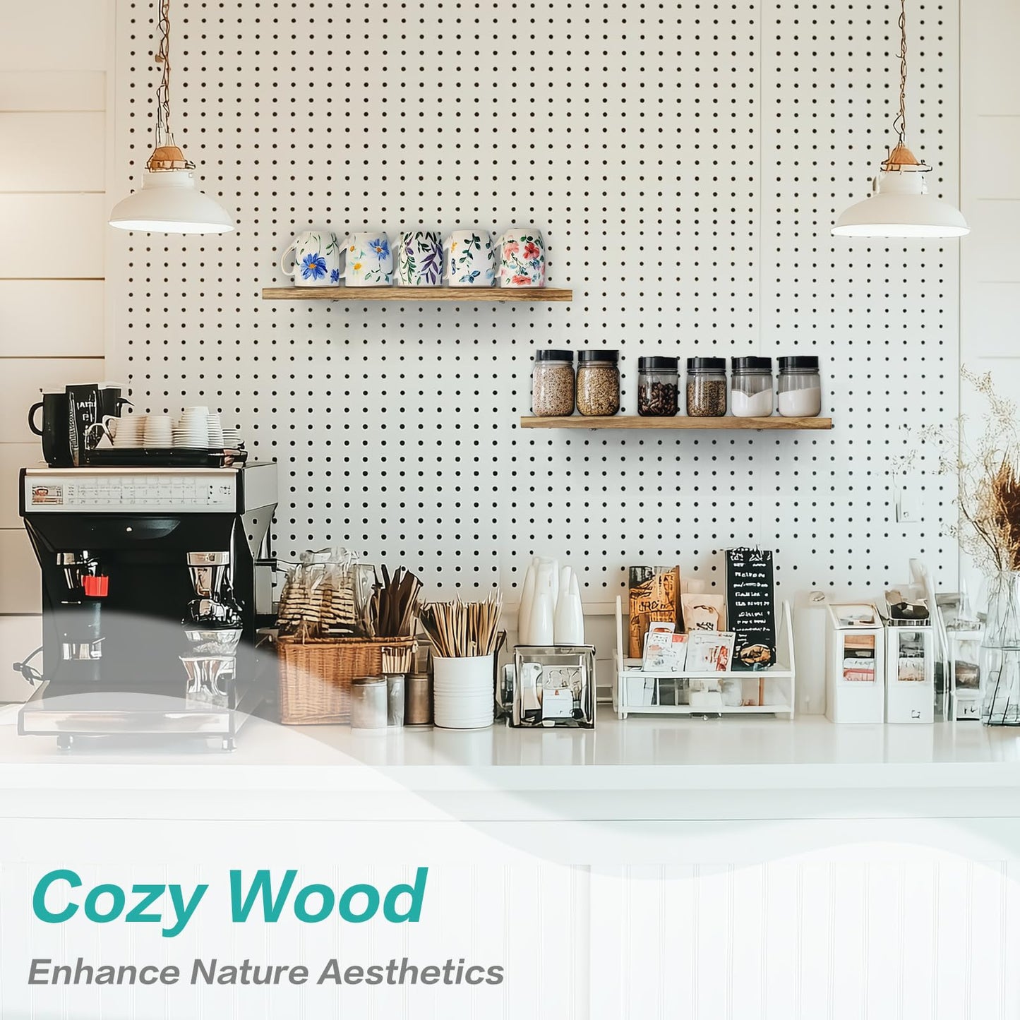 Pegboard Shelves, 16" x 6" Large Peg Board Racks 2Pack Wall Organizer Shelf, 1/4 inch Heavy Duty Metal Brackets Fit All Pegboards, Wood Slats, Craft Garage Workbench Office Shelving Accessories (Wood)
