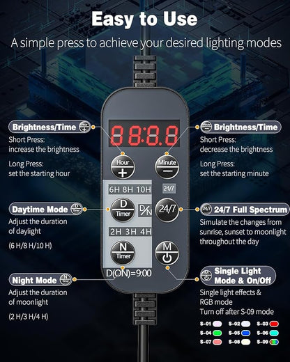 Pawfly Aquarium LED Light 24/7 Fish Tank Light with Full Spectrum Brilliant White Blue Red Green Lights Multi-Colored LEDs with D/N Mode Single Color Effects Timer and Adjustable Brightness